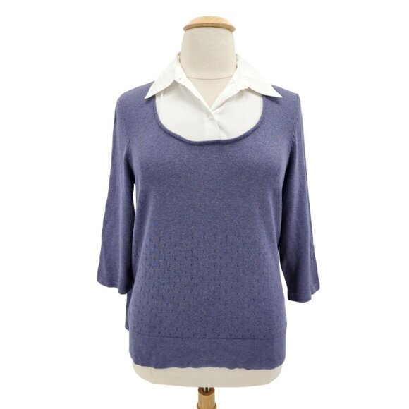 NEW Apt. 9 Womens 1X Sweater Mock Button Shirt Collared Preppy Blue White - Picture 1 of 11